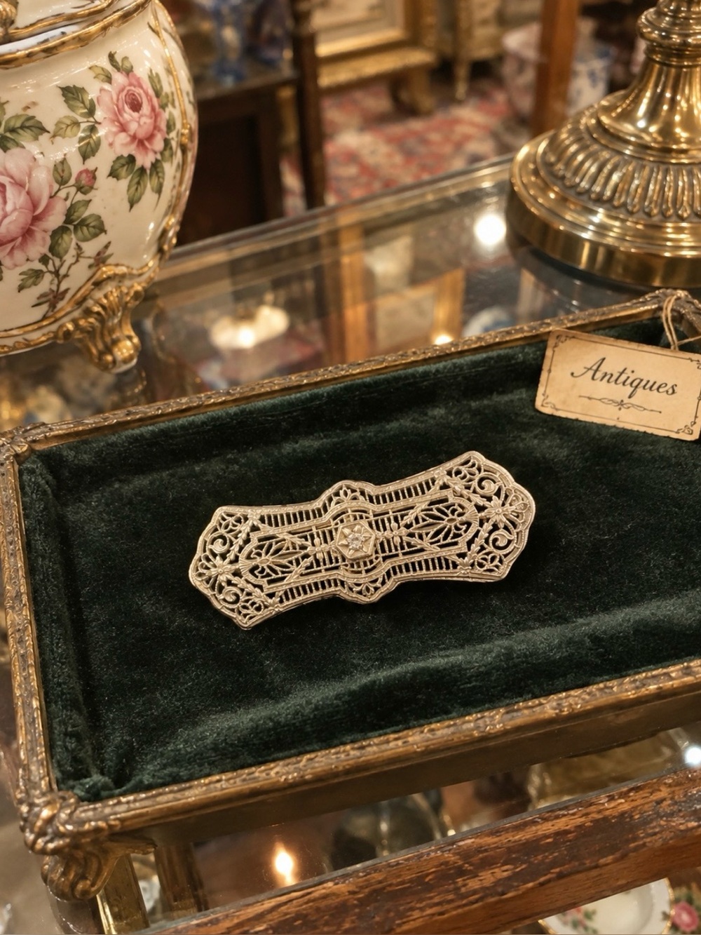 Vintage Silver Tone Filigree Floral Bar Brooch with Stone